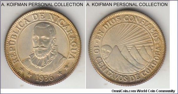 KM-13, 1936 Nicaragua 10 centavos; silver, reeded edge; last year of the type, unusually toned but uncirculated or almost.