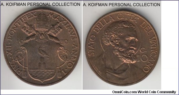 KM-23, 1939/Year I of Pius XII Vatican 10 centesimi; aluminum-bronze, plain edge; typically small mintage of 81,000, uncirculated, but obverse is more brown than the reverse.