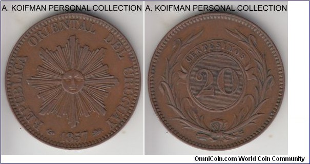 KM-9, 1857 Uruguay 20 centesimos, Lyon mint (D mint mark); copper, plain edge; unusually high grade for this large coin type, about uncirculated.