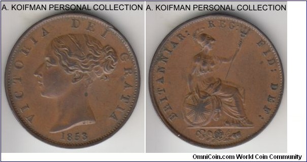 KM-726, 1853 Great Britain half penny; copper, plain edge; young Victoria, a more common year but nice coin, about uncirculated, lighter toned, tiny spot on the neck.