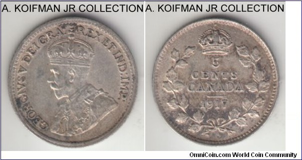 KM-22, 1917 Canada 5 cents; silver, reeded edge; George V, better grade, good extra fine or so, uneven toning.