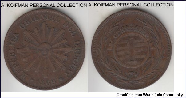 KM-11, 1869 Uruguay centesimo, Heaton Mint in Birmingham (H mintmark); bronze, plain edge; very fine or about.