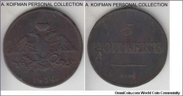 C#140.1, 1836 Russia (Empire) 5 kopeks, Ekaterinburg (EM mint mark); copper, plain edge; good looking, very fine or about.