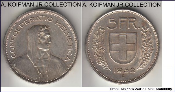KM-40, 1952 Switzerland 5 francs, Berne mint (B mint mark); silver, lettered edge; smallest mintage of just 155,000, lightly toned extra fine.