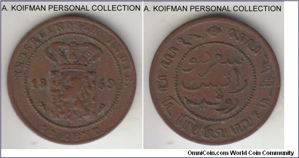 KM-306, 1859 Netherlands East Indies half cent; copper, plain edge; a very numerous issue for the time - over 200 million minted, very fine or about.