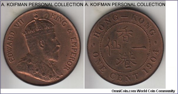 KM-11, 1904 Hong Kong, heaton mint (H mint mark); bronze, plain edge; red brown uncirculated.