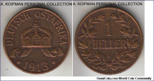 KM-7, 1913 German East Africa heller, Hamburg mint (J mint mark); bronze, plain edge; very fine details, corroded as common.