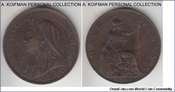 KM-789, 1901 Great Britain half penny; bronze, plain edge; mature head type, Victoria last year of mintage, brown about uncirculated.