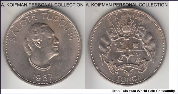KM-11, 1967 Tonga paanga; copper-nickel, reeded edge; Salote Tupou III ruler, large crown sized coin, mintage 78,000, about uncirculated but has several carbon spots.