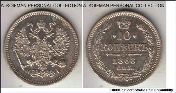 Y# 20a.2, 1868 Russia (Empire) 10 kopeks; silver, reeded edge; as minеed, few die breaks and a couple of spots, call it about uncirculated.