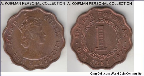 KM-30, 1970 British Honduras cent; bronze, scalloped flan, plain edge; late British Honduran mintage with Elizabeth II, somewhat smaller mintage of 120,000, red brown (but mostly brown obverse) choice uncirculated.