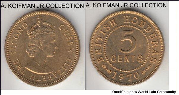 KM-31, 1970 British Honduras 5 cents; nickel-brass, plain edge; late Elizabeth II pre-independence coinage, relatively large mintage yet scarce, average uncirculated.