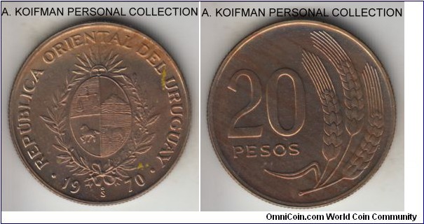 KM-56, 1970 Uruguay 2 centesimos, Santiago mint (So mint mark); copper-zinc-nickel, reeded edge, uncirculated, but part toned on obverse.