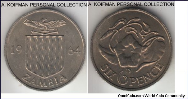 KM-1, 1964 Zambia 6 pence; copper-nickel-zinc, reeded edge; one year transitional type, toned uncirculated.