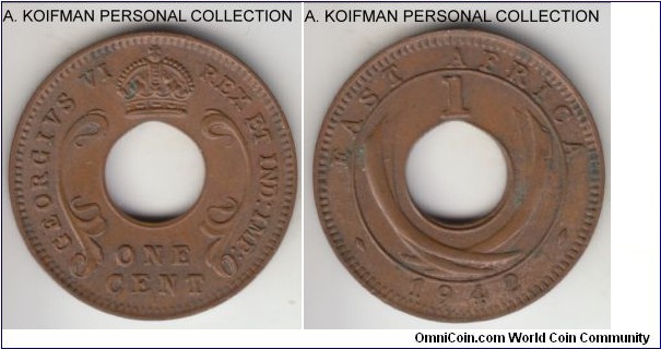 KM-29, 1942 East Africa cent, Bombay mint (I mint mark); bronze, plain edge; brown uncirculated but a little dirty on reverse.