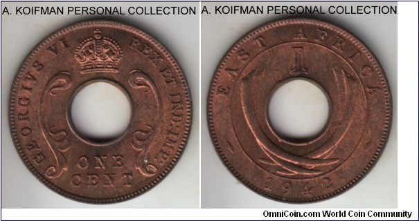 KM-29, 1942 East Africa cent, Royal mint (no mint mark); bronze, plain edge; common coin, minted in abundance, but very nicely toned mostly brown uncirculated.