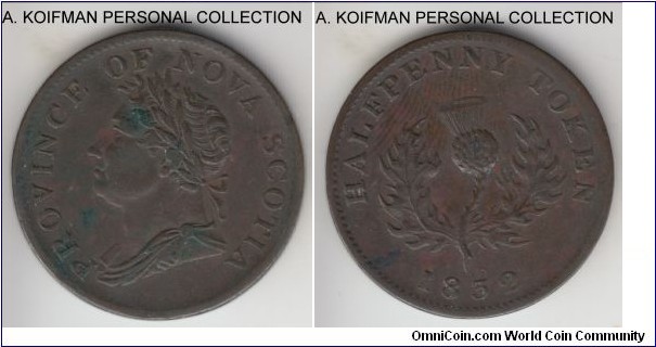 Charlton# NS1D1, Breton 871, 1832 Canada Nova Scotia Maritime province half penny token; copper, engrailed edge; George IV, better grade, very fine or about.