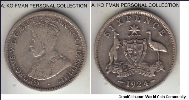 KM-25, 1924 Australia 6 pence, Melbourne or Sydney mint (no mint mark); silver, reeded edge; somewhat smaller mintage that year, circulated, very good to fine.