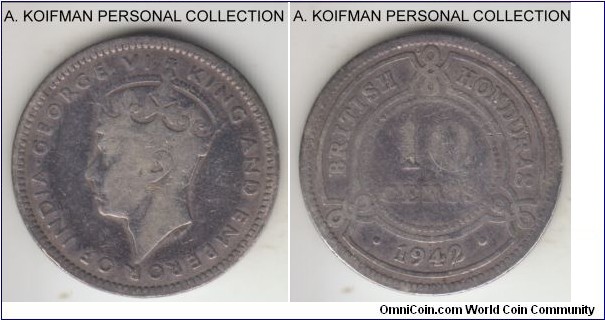 KM-23, 1942 British Honduras 10 cents; silver, reeded edge; George VI, scarcest of the type, only 10,000 minted in the middle of the WWII, well worn, good or about.