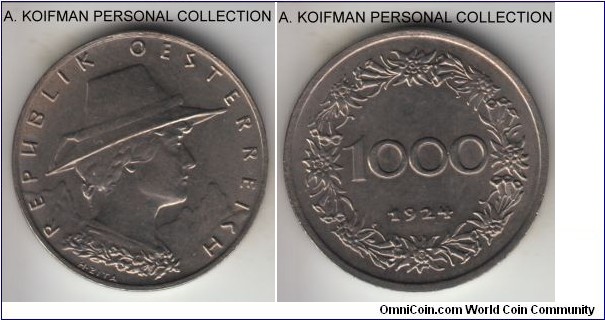 KM-2834, 1924 Austria 1000 kronen; copper-nickel, plain edge; one year common type issue due to high inflation, nice choice uncirculated.
