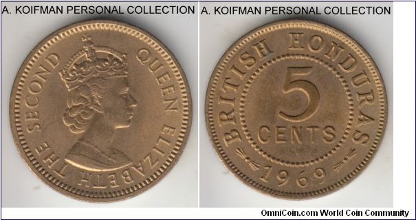 KM-31, 1969 British Honduras 5 cents; nickel-brass, plain edge; late Elizabeth II pre-independence coinage, the year of the highest mintage for the type, uncirculated, but the inner fields on reverse are more toned.