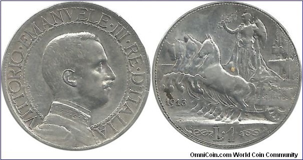 Italy-Kingdom 1 Lira 1913R (King Vittorio Emanuele III)