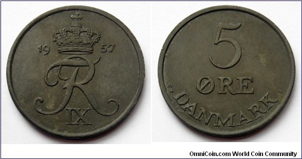 Denmark 5 ore.
1957, Zinc.