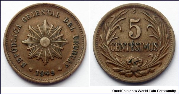 Uruguay 5 centesimos.
1949, Copper. Casa de Moneda de Chile.
