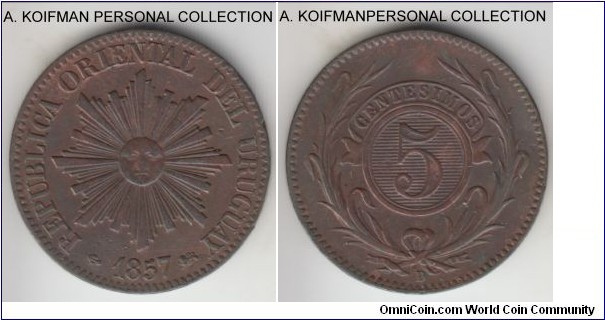 KM-8, 1857 Uruguay 5 centesimos, Lyon mint (D mint mark); copper, plain edge; smallest coins of the 1857 issue, about extra fine but cleaned.