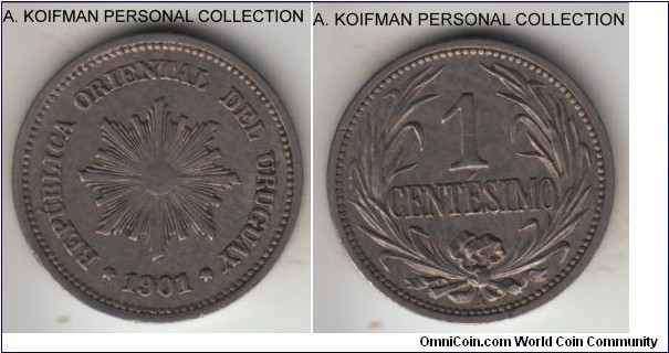 KM-19, 1901 uruguay centesimo; copper-nickel, plain edge; good very fine or so.