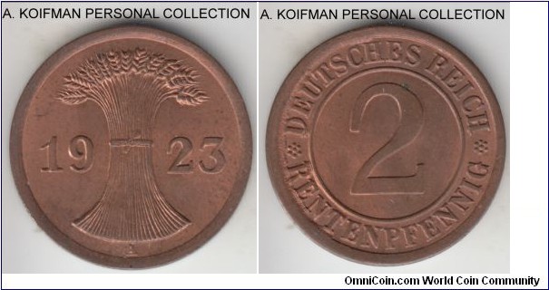 KM-31, 1923 Germany (Weimar Republic) 2 rentenpfennig, Berlin mint (A mintmark); bronze, plain edge; first year of the Weimar Republic issue, common but not as numerous as the following 1924, as minted red brown uncirculated, interestingly a broken die left some of the filled ares on obverse.