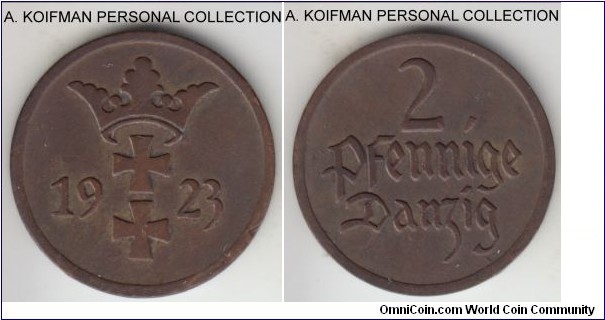 KM-141, 1923 Danzig (Free City) 2 pfennig; bronze, plain edge; first year of the type, darker brown good extra fine to about uncirculated.