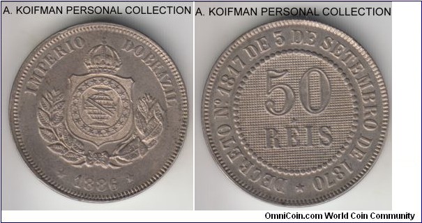 KM-482, 1886 Brazil (Empire) 50 reis; copper-nickel, plain edge; Pedro II late rule issue, first year of the late Empire type, almost uncirculated and likely toned.