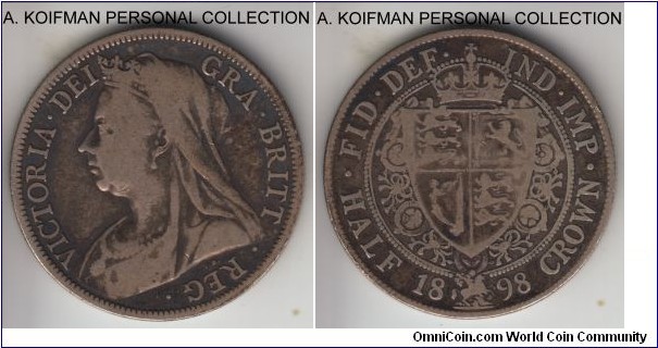 KM-782, 1898 Great Britain half crown; silver, reeded edge; veiled Victoria head type, circulated, probably fine to good fine.