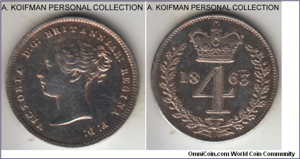KM-732, 1863 Great Britain 4 pence; maundy, silver, plain edge; Victoria maundy groat with 4,158 minted, extra fine or better detail, but cleaned.