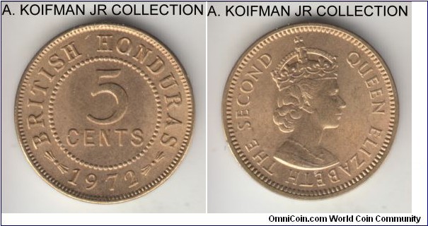 KM-31, 1972 British Honduras 5 cents; nickel-brass, plain edge; Elizabeth II, bright uncirculated.