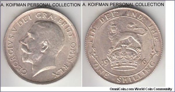 KM-816, 1916 Great Britain shilling; silver, reeded edge; George V mintage diring the World Was I, bright lustrous coin, uncirculated or about.