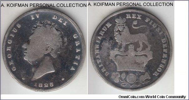 KM-694, 1825 Great Britain shilling; silver, reeded edge; George IV, first year, well worn and polished.