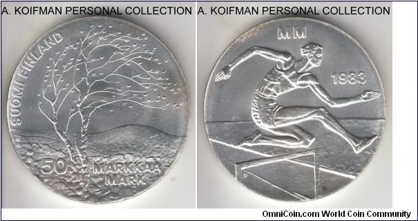 KM-61, 1983 Finland 50 markkaa; silver, plain edge; 1st World Athletics Championships commemorative, average uncirculated.