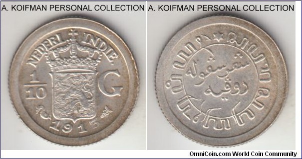 KM-311, 1911 Netherlands East Indies 1/10 gulden; silver, plain edge; nice, lightly toned uncirculated.