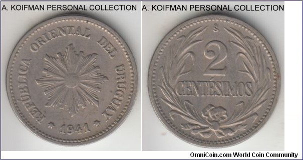 KM-20, 1941 Uruguay 2 centesimos, Santiago (So mint mark); copper-nickel, plain edge; extra fine or about.