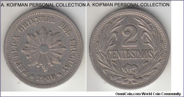 KM-20, 1909 Uruguay 2 centesimos, Vienna mint ( A mint mark); copper-nickel, plain edge; good very fine.