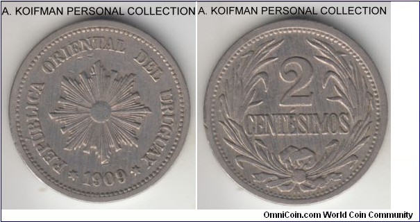 KM-20, 1909 Uruguay 2 centesimos, Vienna mint ( A mint mark); copper-nickel, plain edge; good very fine.