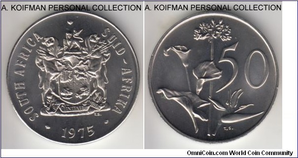 KM-87, 1975 South Africa (Republic) 50 cents; proof, nickel, plain edge; nice proof, mintage 18,000.