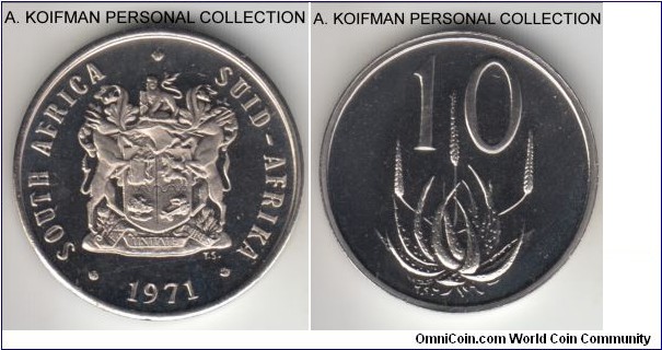 KM-85, 1971 South africa 10 cents; proof, nickel, plain edge; lightly toned proof, exibiting cameo effect often found with these types, mintage 12,000.