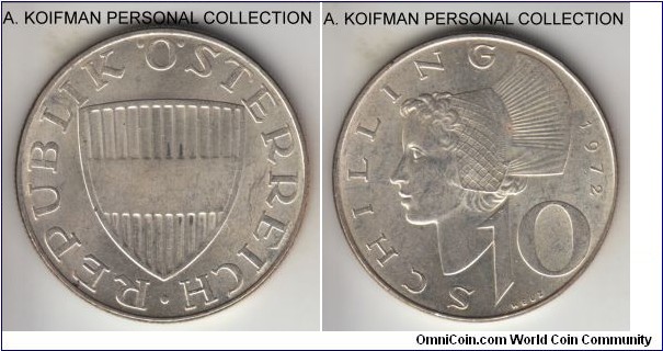 KM-2882, 1972 Austria 10 schilling; silver, reeded edge; average but nicely lustrous uncirculated.