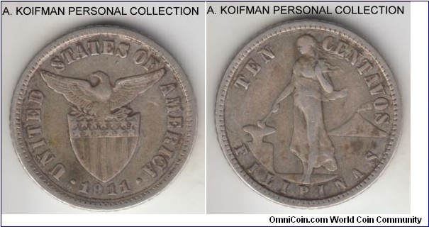 KM-169, 1911 Philippines (US) 10 centavos, San Francisco mint (S mint mark); silver, reeded edge; good very fine.