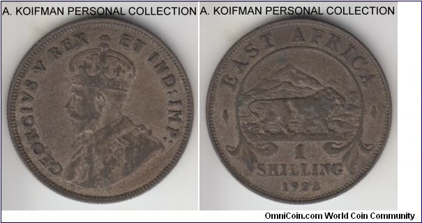 KM-21, 1922 East Africa shilling, Royal Mint (no mint mark); silver, reeded edge; typically dark toned, usually due to the low silver content (0.250), very fine or almost.