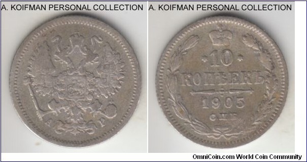 Y# 20a.2, 1905 Russia (Empire) 10 kopeks, St. Petersburg mint (СПБ mint mark; silver, reeded edge; Nicolas II, fine or better, very slightly bent.