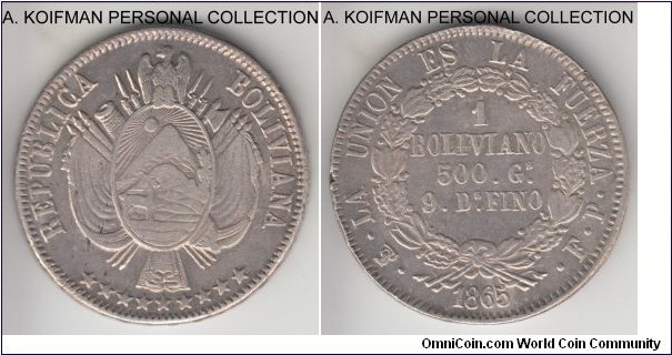 KM-152.1, 1865 Bolivia boliviano; silver, raised lettered edge; decent very fine, a flan defect on reverse.
